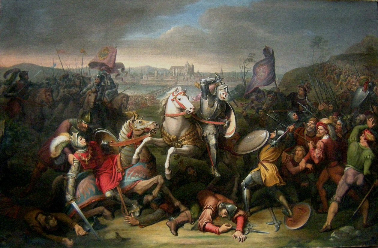 Książę Erich von Calenberg ratuje cesarza Maksymiliana w bitwie pod Ratyzboną w 1504 autorstwa Johann Christian Riepenhausen