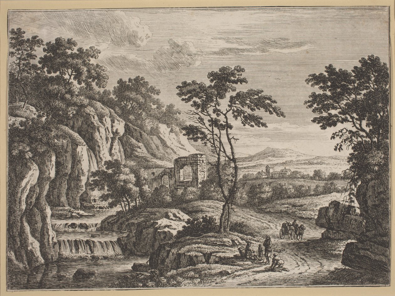 Krajobraz z ruinami i wodospadem autorstwa Johann Christoph Dietzsch