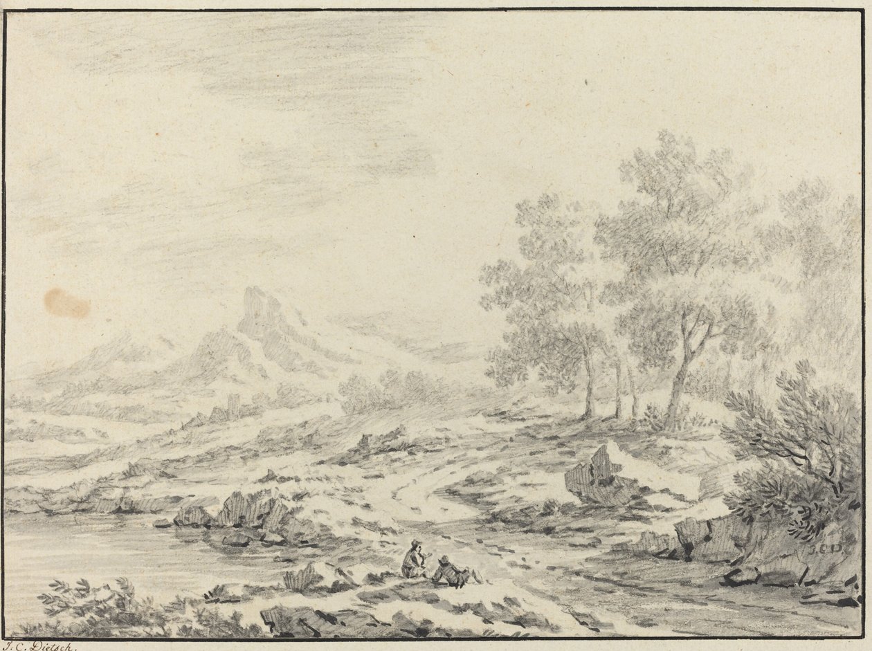 Dwóch mężczyzn odpoczywających nad jeziorem autorstwa Johann Christoph Dietzsch