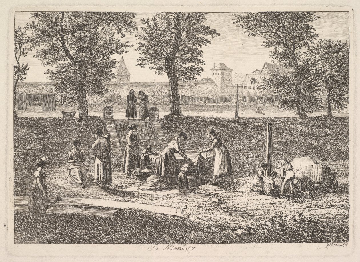 Scena plenerowa przedstawiająca kobiety wykonujące prace domowe w Norymberdze, autorstwa Johann Christoph Erhard