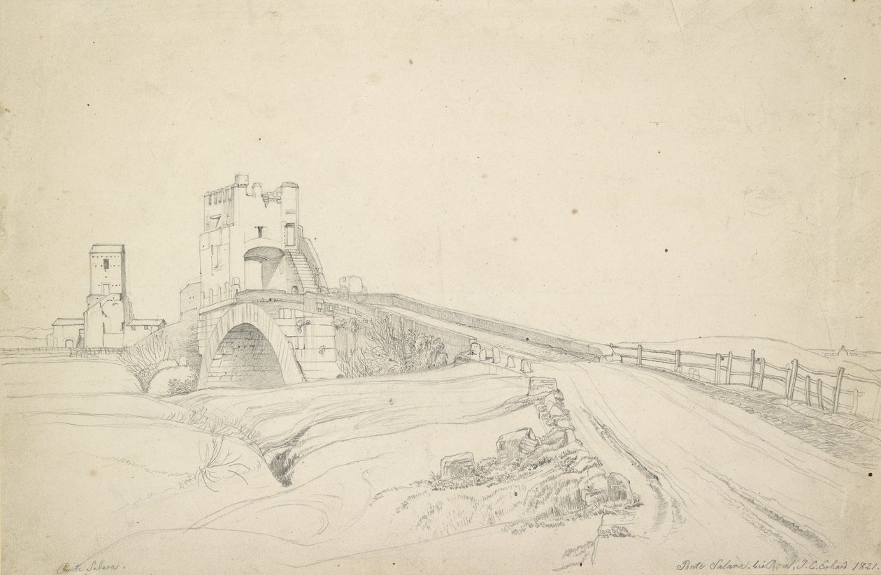Ponte Salario pod Rzymem, 1821 (grafit na papierze w kolorze złamanej bieli) autorstwa Johann Christoph Erhard