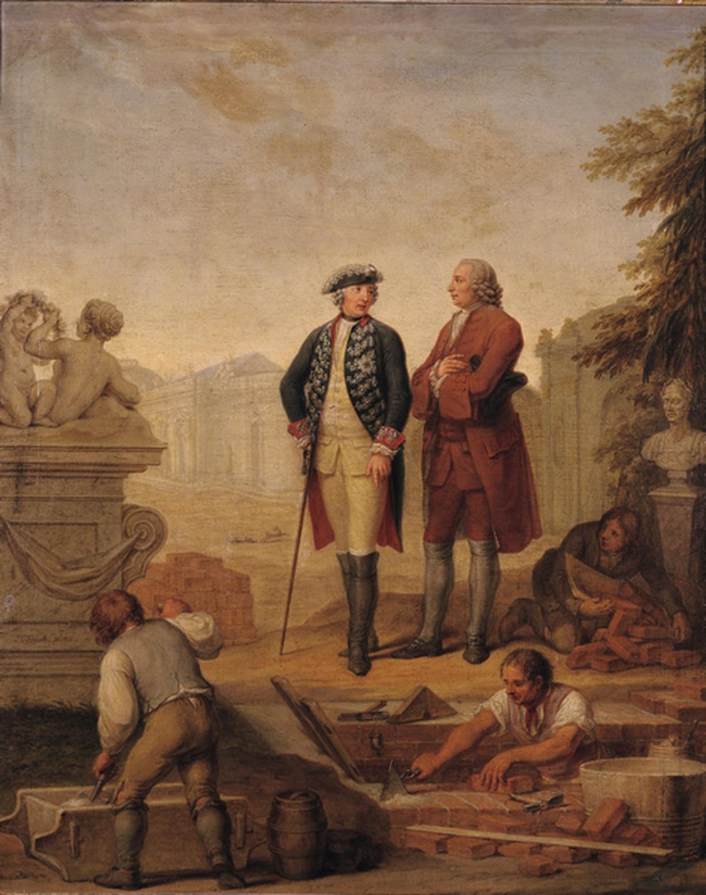 Król Prus Fryderyk II (1712-86) i markiz Argens (1704-1771) podczas inspekcji budowy Sanssouci w Poczdamie autorstwa Johann Christoph Frisch