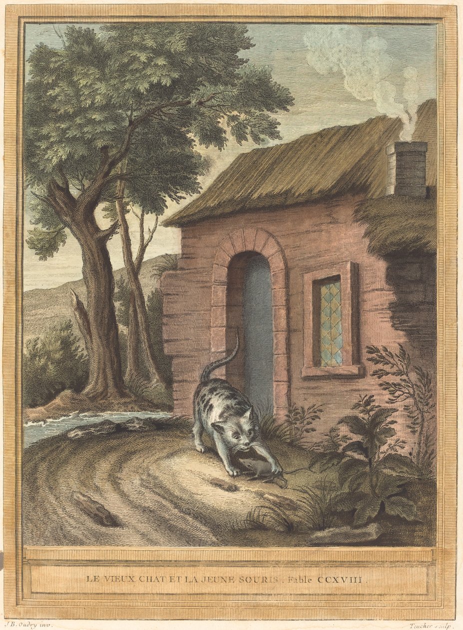 Stary kot i młoda mysz autorstwa Johann Christoph Teucher after Jean Baptiste Oudry