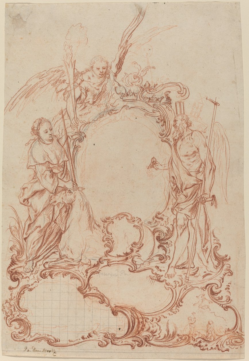 Rokokowy kartusz z alegorycznymi postaciami autorstwa Johann Daniel Herz the Elder