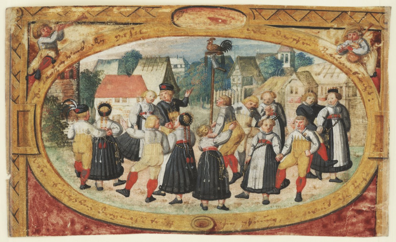 Miniatura dziecięcej zabawy: dzieci tańczące wokół koguta autorstwa Johann Daniel Schmied
