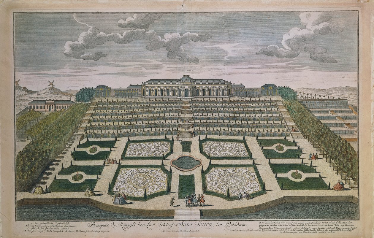 Widok perspektywiczny zamku Sanssouci, Poczdam, Niemcy autorstwa Johann David Schleuen