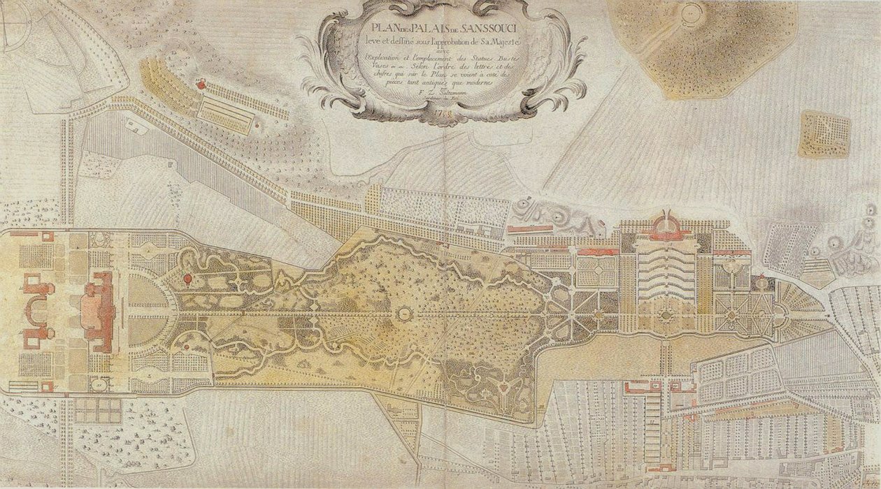 Plan fryderycjańskiego parku Sanssouci w Poczdamie, 1772 r. autorstwa Johann David Schleuen