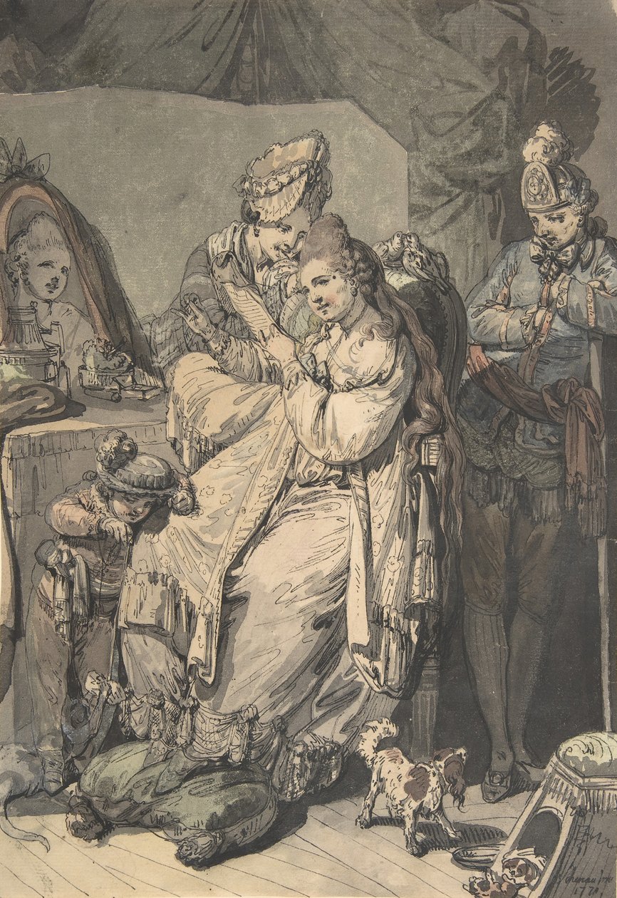 Kobieta w toalecie z służącą, chłopcem, psem i młodym żołnierzem, verso: Szkic..., 1770. autorstwa Johann Eleazar Schenau