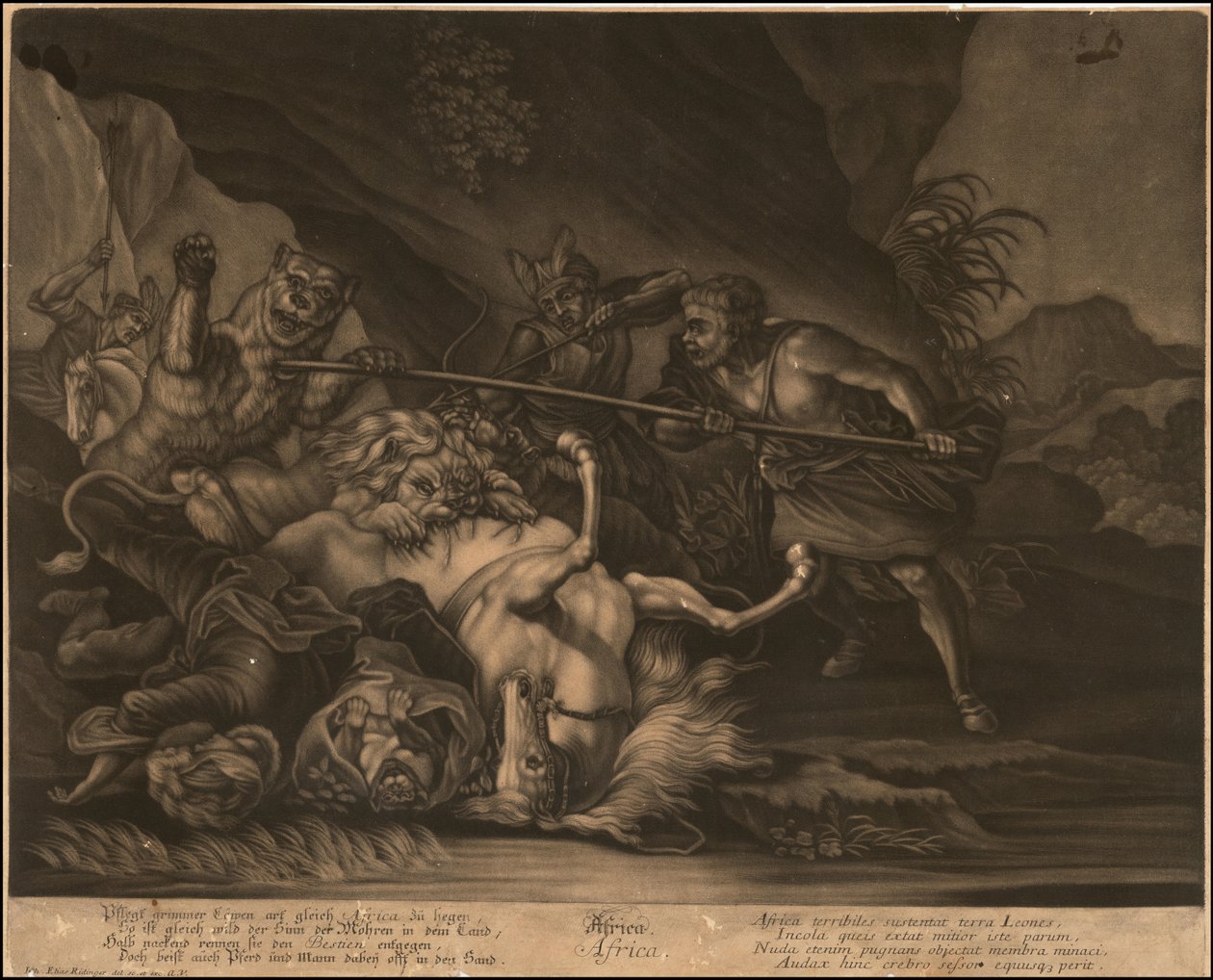 Ca. 1770 alegoryczny mezzotinta Afryki autorstwa Johann Elias Ridinger