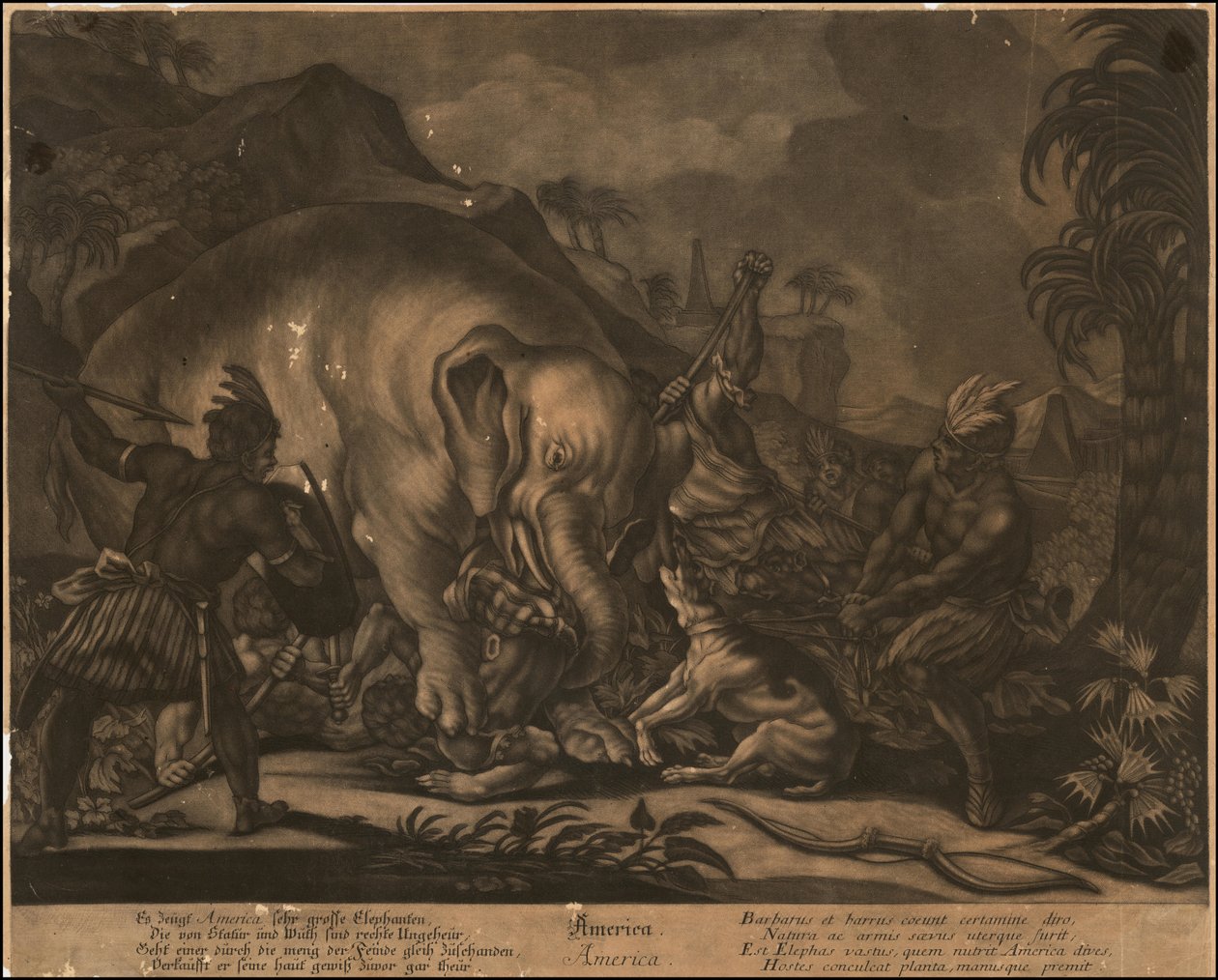Ca. 1770 alegoryczny mezzotinta Ameryki autorstwa Johann Elias Ridinger