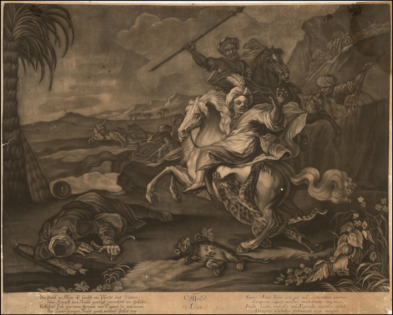 Ca. 1770 alegoryczna mezzotinta przedstawiająca Azję autorstwa Johann Elias Ridinger