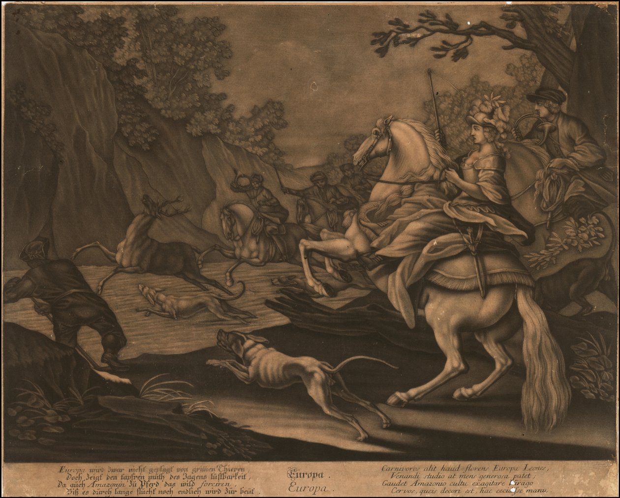 Ca. 1770 alegoryczny mezzotinta Europy autorstwa Johann Elias Ridinger