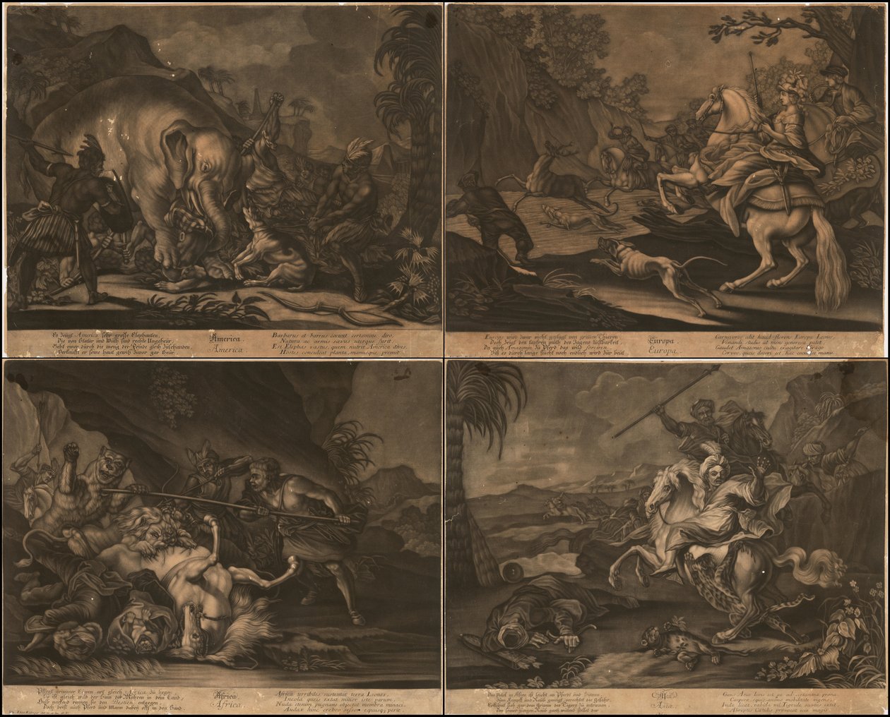 Ca. 1770 alegoryczne mezzotinty Afryki, Azji, Ameryki i Europy na jednej stronie autorstwa Johann Elias Ridinger