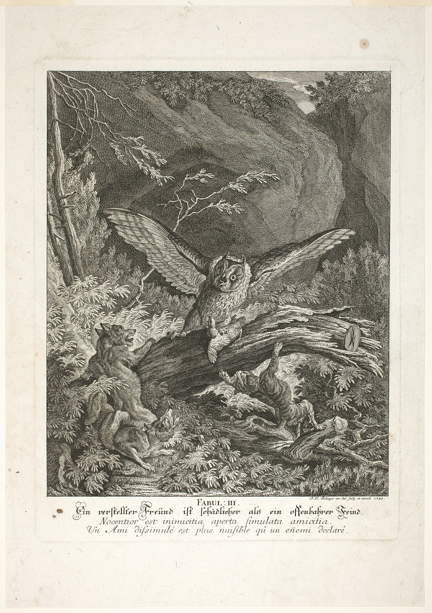 Fable III, płyta trzecia z Instructive Fables of the Realm of Theire autorstwa Johann Elias Ridinger