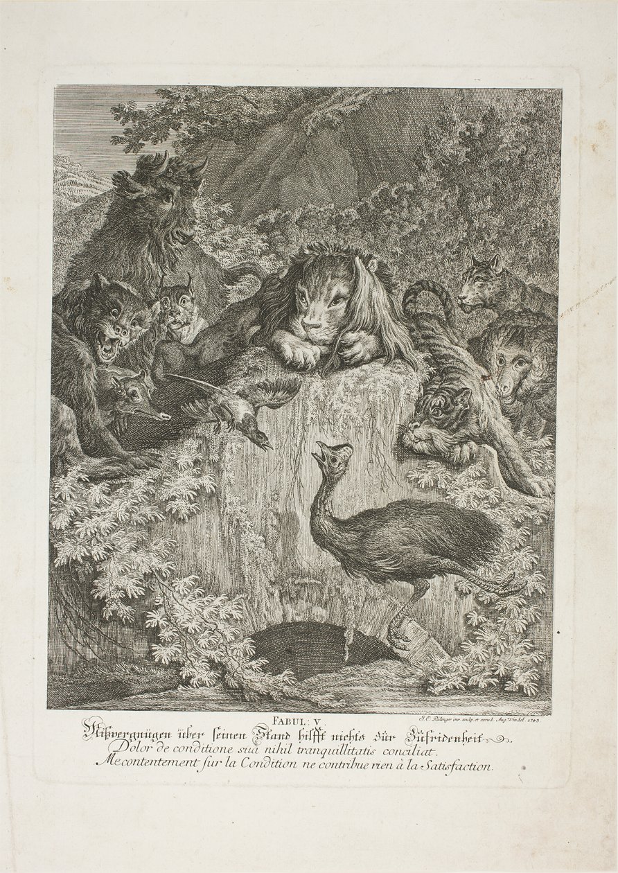 Fable V, płyta piąta z Instructive Fables of the Realm of Theire autorstwa Johann Elias Ridinger