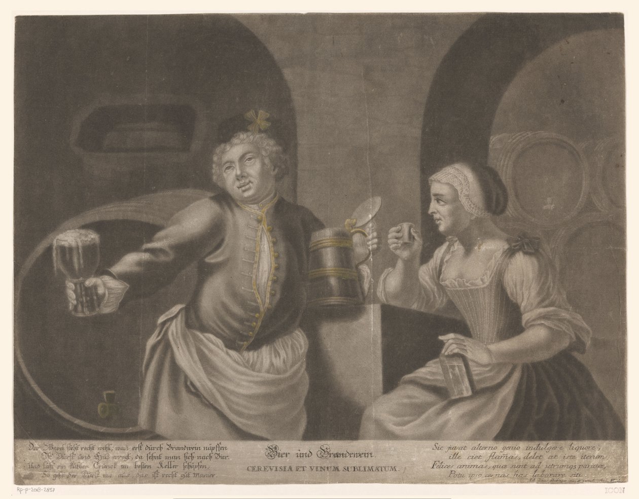 Mężczyzna i kobieta piją piwo i brandy Piwo i Brandewein / Cerevisia et vinum sublimatum autorstwa Johann Elias Ridinger
