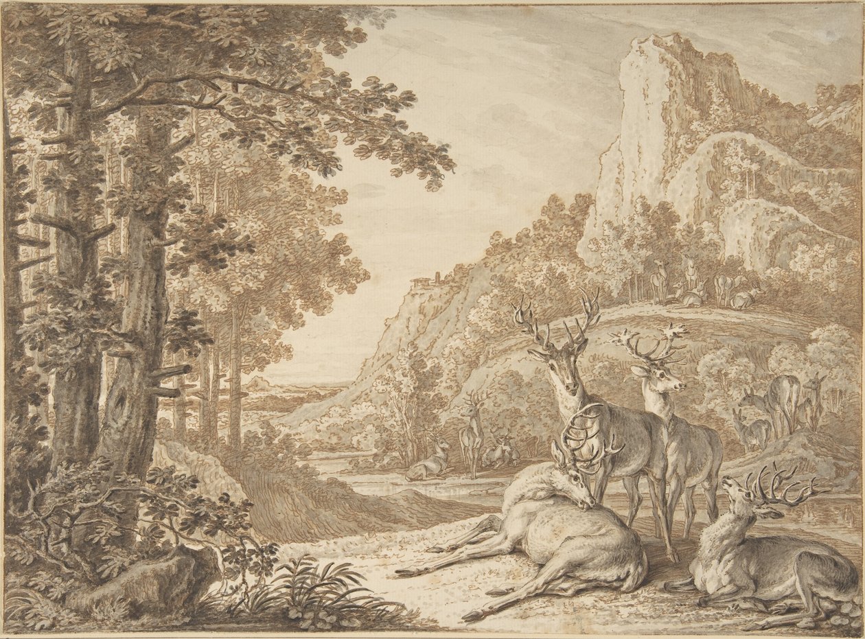 Jelenie w krajobrazie autorstwa Johann Elias Ridinger