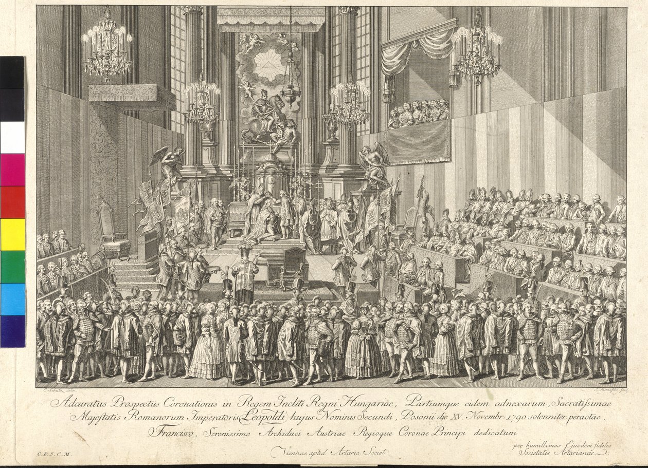 Koronacja cesarza Leopolda II na króla Węgier w Bratysławie 15 listopada 1790 r. (miedzioryt) autorstwa Johann Ernst Mansfeld