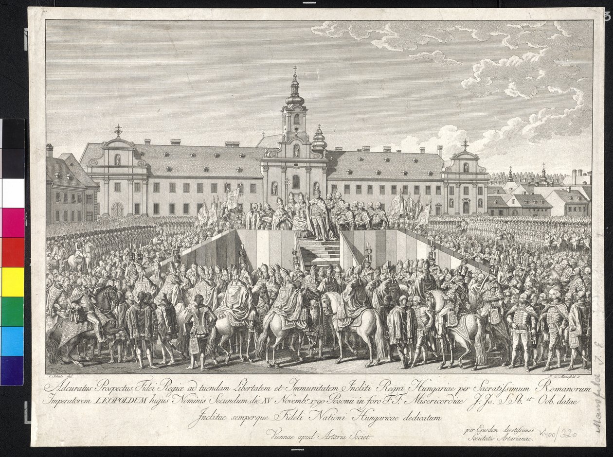 Koronacja cesarza Leopolda II na króla Węgier w Bratysławie 15 listopada 1790 r. (miedzioryt) autorstwa Johann Ernst Mansfeld