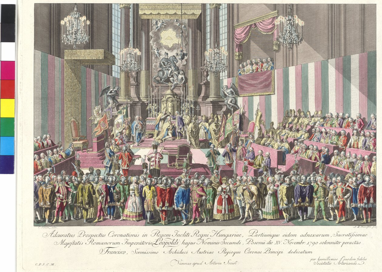 Koronacja cesarza Leopolda II na króla Węgier w Bratysławie 15 listopada 1790 r. (miedzioryt) autorstwa Johann Ernst Mansfeld