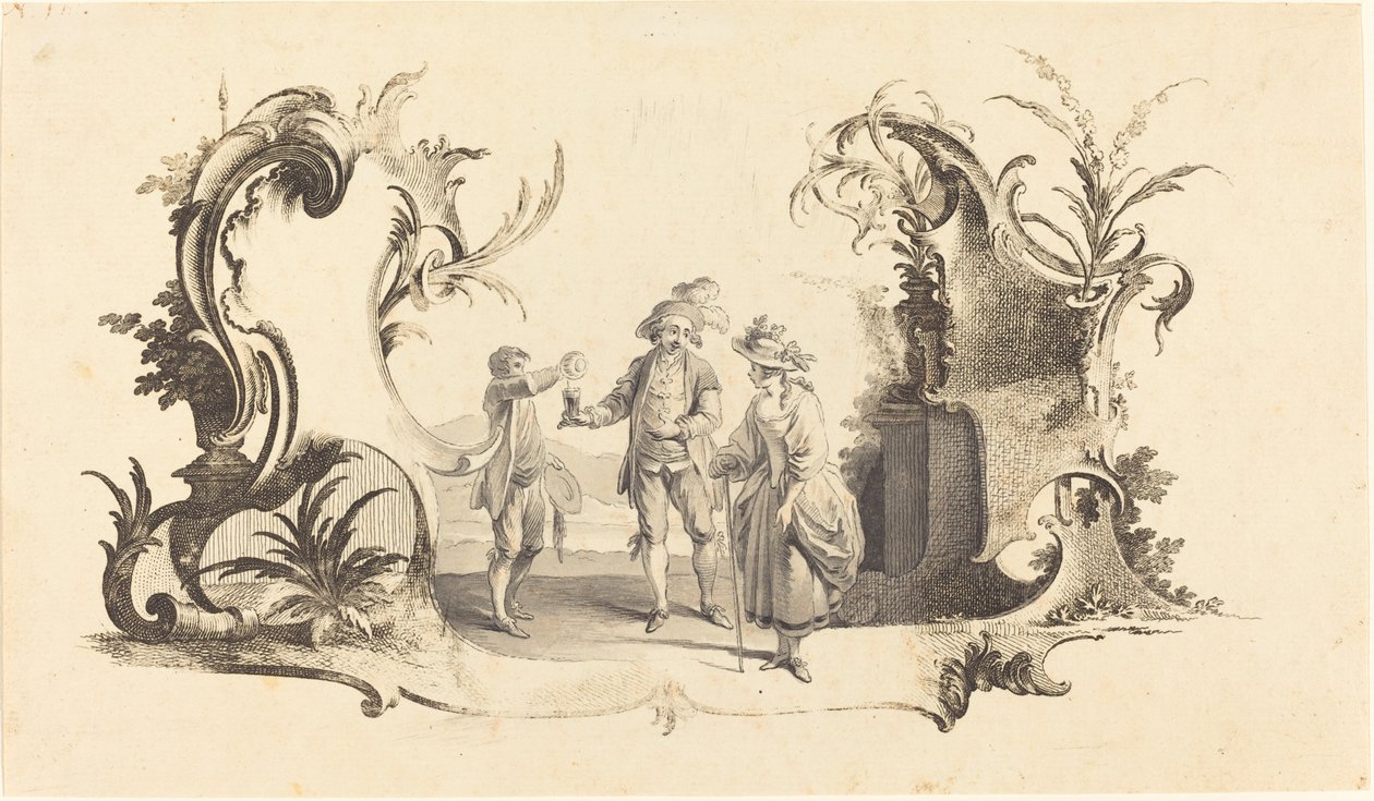 Cartouche Moderne z młodą parą podawaną winem autorstwa Johann Esaias Nilson