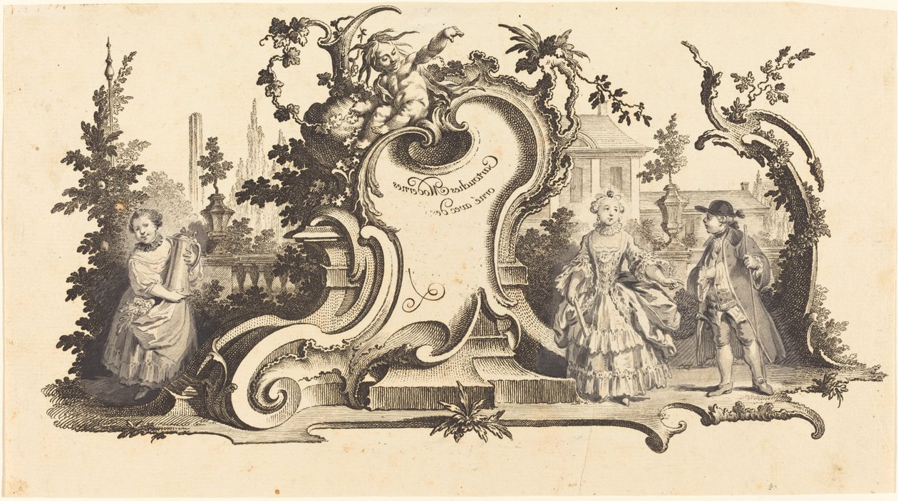 Nowoczesne kartusze ozdobione [różnymi figurami] (tablica VI-1 z zestawu) autorstwa Johann Esaias Nilson
