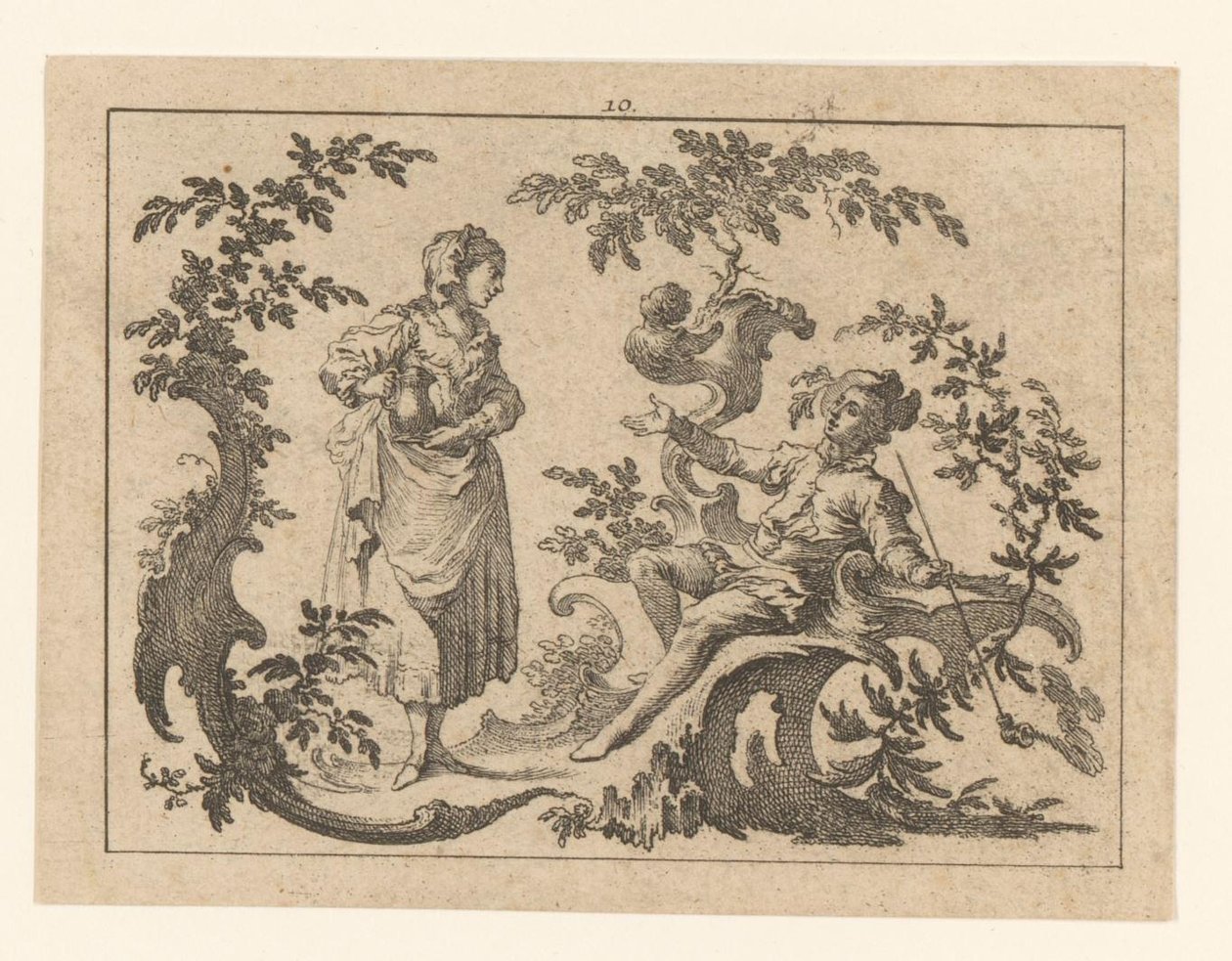 Mężczyzna palący fajkę siedzący, obok niego stojąca kobieta z dzbanem na rokokowej ozdobie Palacze na ornamentie rokoko (tytuł serii) autorstwa Johann Esaias Nilson