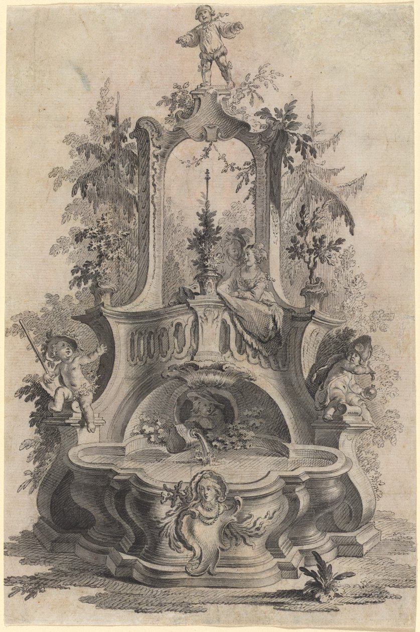 Rokokowa fontanna z kochankami i czterema żywiołami autorstwa Johann Esaias Nilson