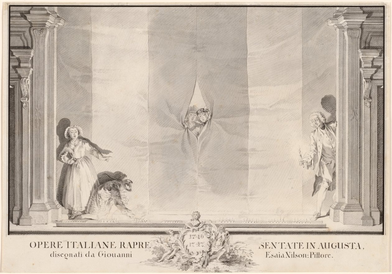 Dwóch aktorów wygląda przez teatralną kurtynę, podczas gdy inni przygotowują reflektory autorstwa Johann Esaias Nilson