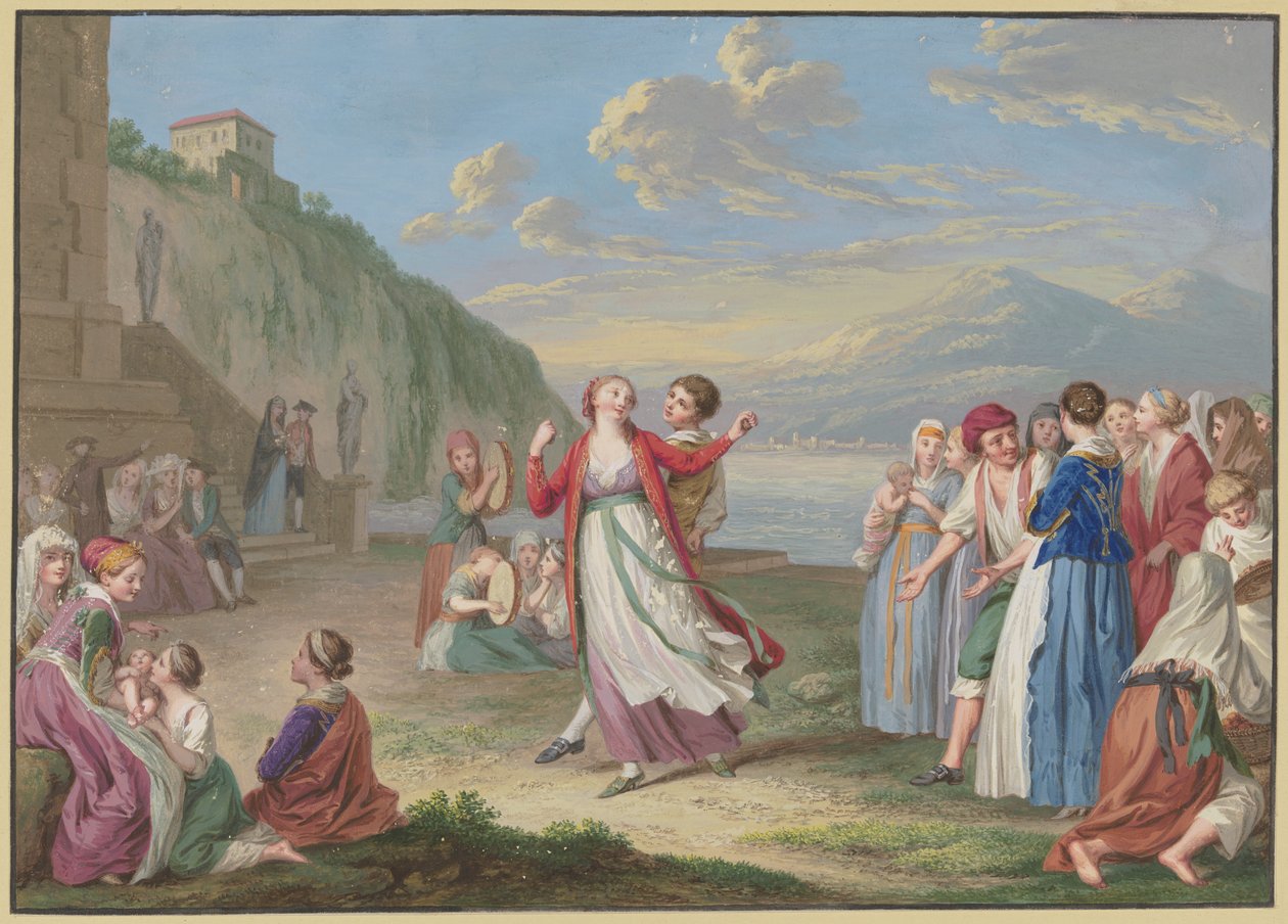 Włoscy wieśniacy bawią się grami i tańcem nad brzegiem jeziora, w tle wysokie góry autorstwa Johann Friedrich August Tischbein