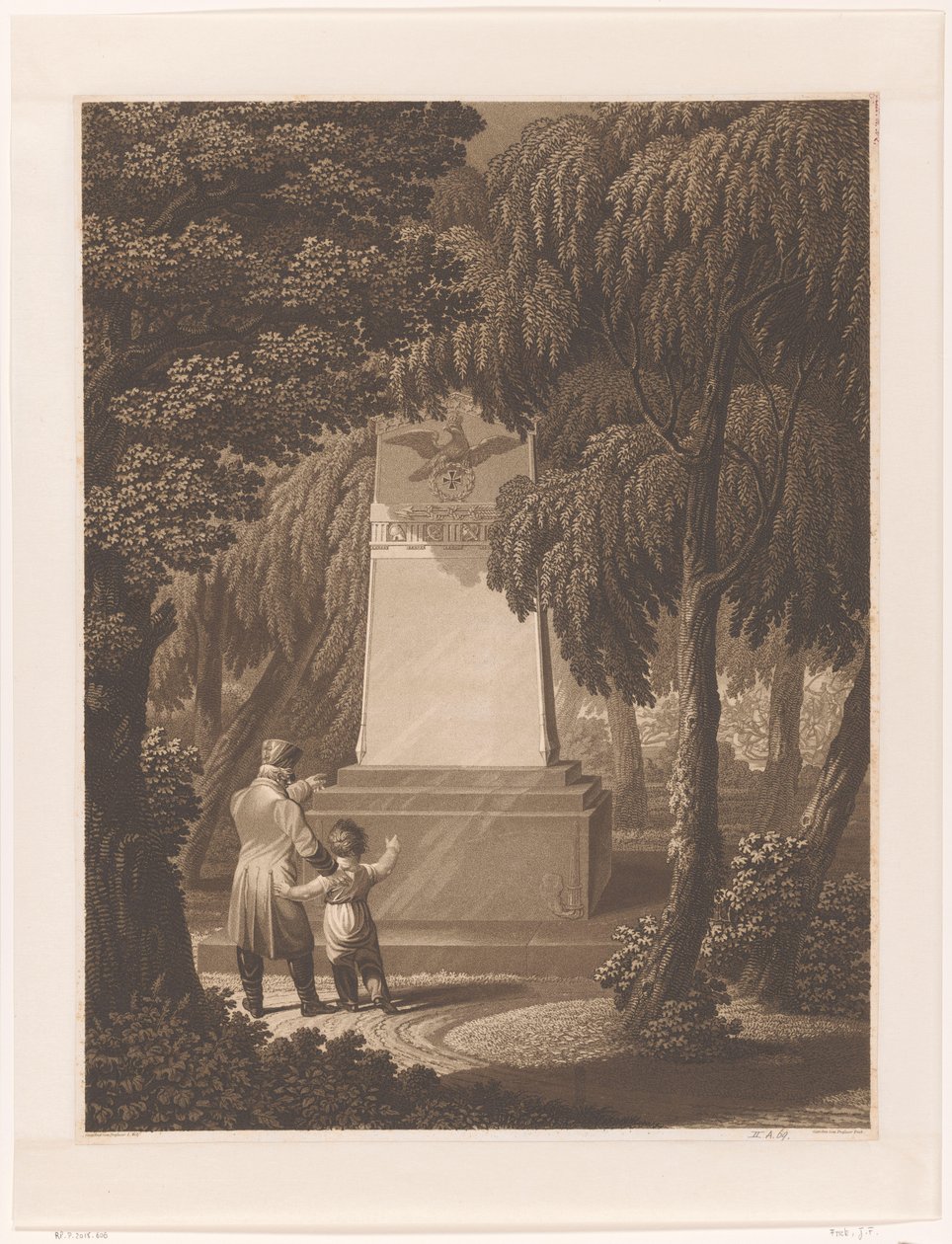 Mężczyzna z dzieckiem przed pomnikiem poległego oficera wojskowego autorstwa Johann Friedrich Frick