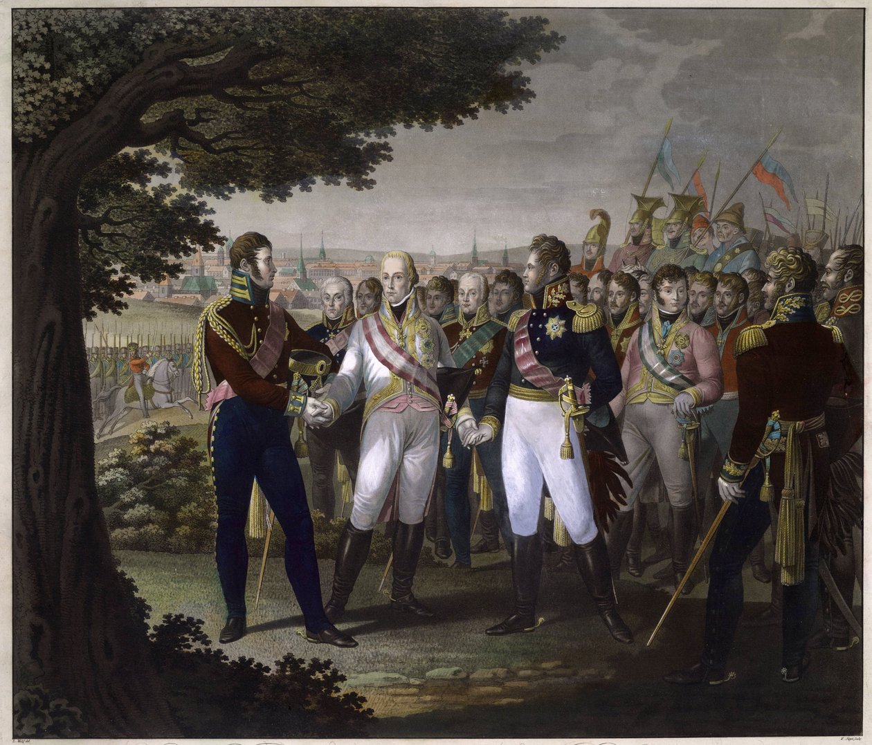 Rosyjski car Aleksander I (1777-1825), austriacki cesarz Franciszek I (1768-1835) i król pruski Fryderyk Guillaume (Frederic-Guillaume) III w Pradze 18 marca 1813 r. - Spotkanie cesarzy Franciszka I austriackiego, Aleksandra I Rosja i Fre autorstwa Johann Friedrich Jügel