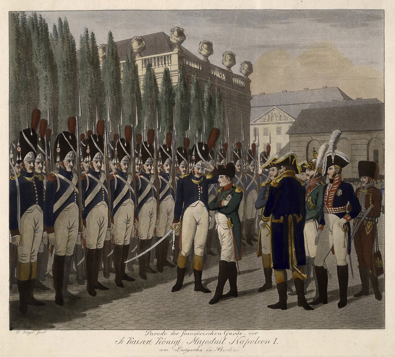 Parada Gwardii Francuskiej w Lustgarten w Berlinie w 1806 r. - Juegel, Johann Friedrich (1772-1833) - 1806 - Aquatint - 31,6x39 - Kolekcja prywatna autorstwa Johann Friedrich Jügel
