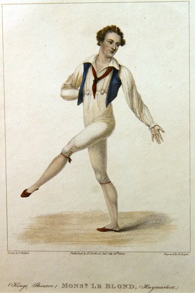 Portret Monsieur Le Blond, tancerza w Haymarket Theatre w Londynie, tańczącego z wyciągniętymi nogami i rękami, grawerowane przez R. Coopera autorstwa Johann Friedrich Maximilian von (after) Waldeck