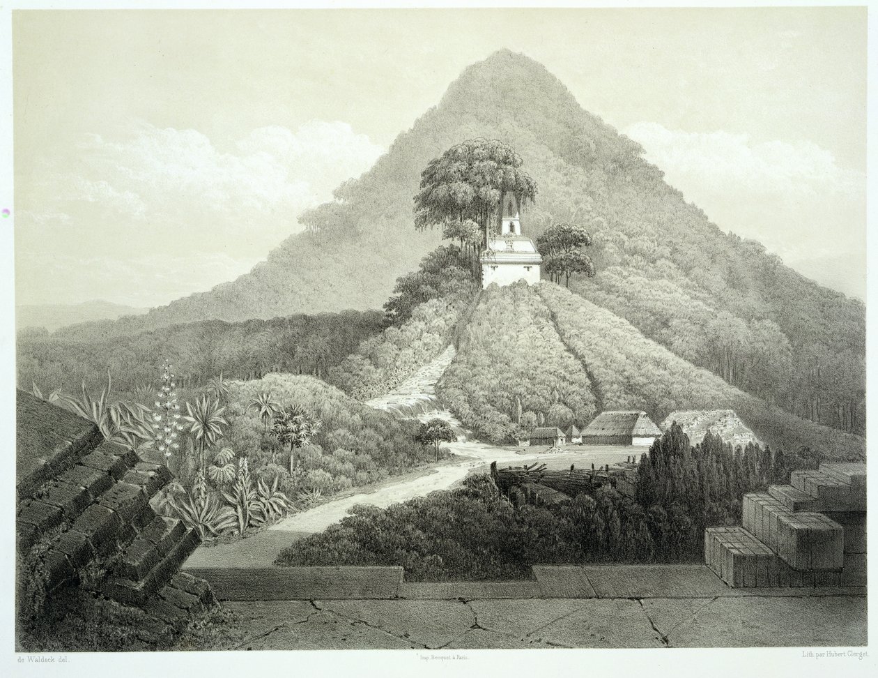 Malowniczy widok na Świątynię Krzyża, Palenque, tablica 20 z "Ancient Monuments of Mexico", wyryty przez Huberta Clergeta (1818-99) 1866 r. autorstwa Johann Friedrich Maximilian von Waldeck