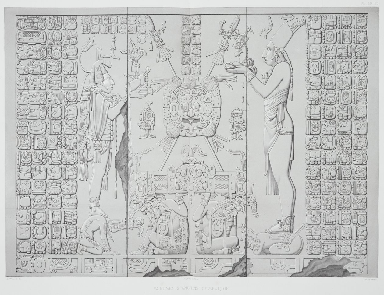 Relief przedstawiający księdza z darami z Sanktuarium Świątyni Słońca w Palenque, tablice 29 i 30 z Ancient Monuments of Mexico, rytowane przez Wernera, 1866 autorstwa Johann Friedrich Maximilian von Waldeck