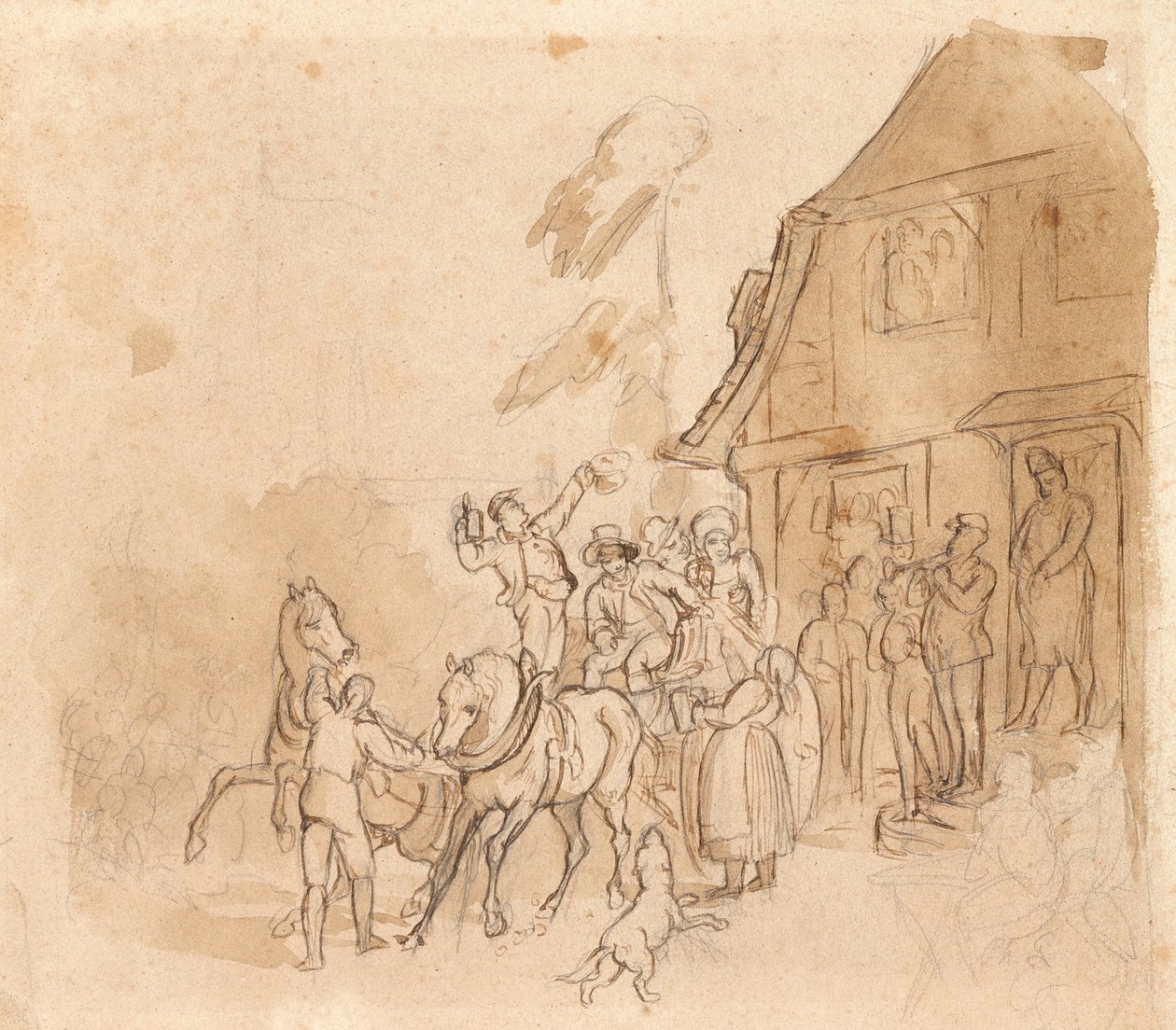 Zaprzęg konny z piwoszami przed pubem autorstwa Johann Friedrich Voltz