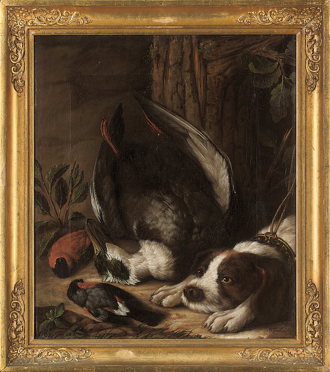 Pies myśliwski i jego zdobycz, 1768 autorstwa Johann Friedrich von Grooth
