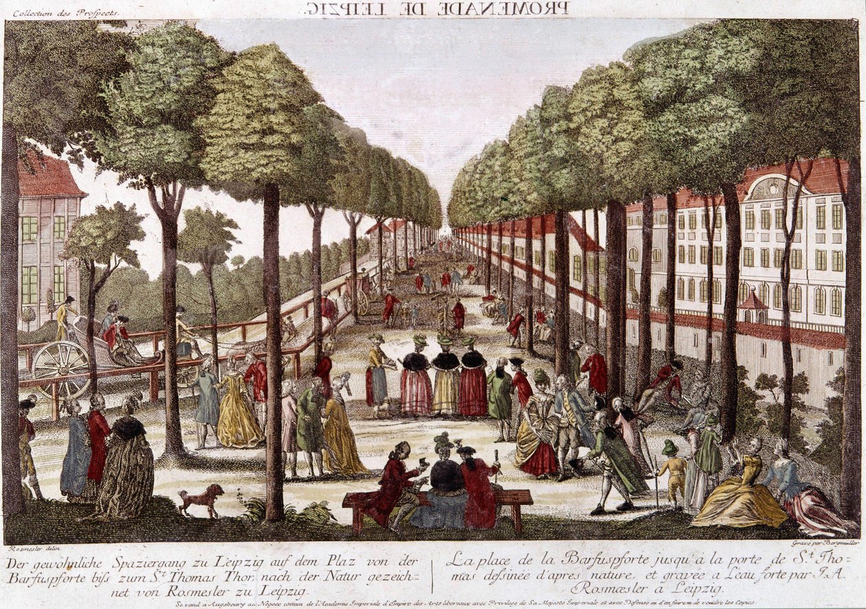 Promenada Lipska pod koniec XVIII wieku. grawer Rosmesler & Bergmuller. autorstwa Johann Georg Bergmuller