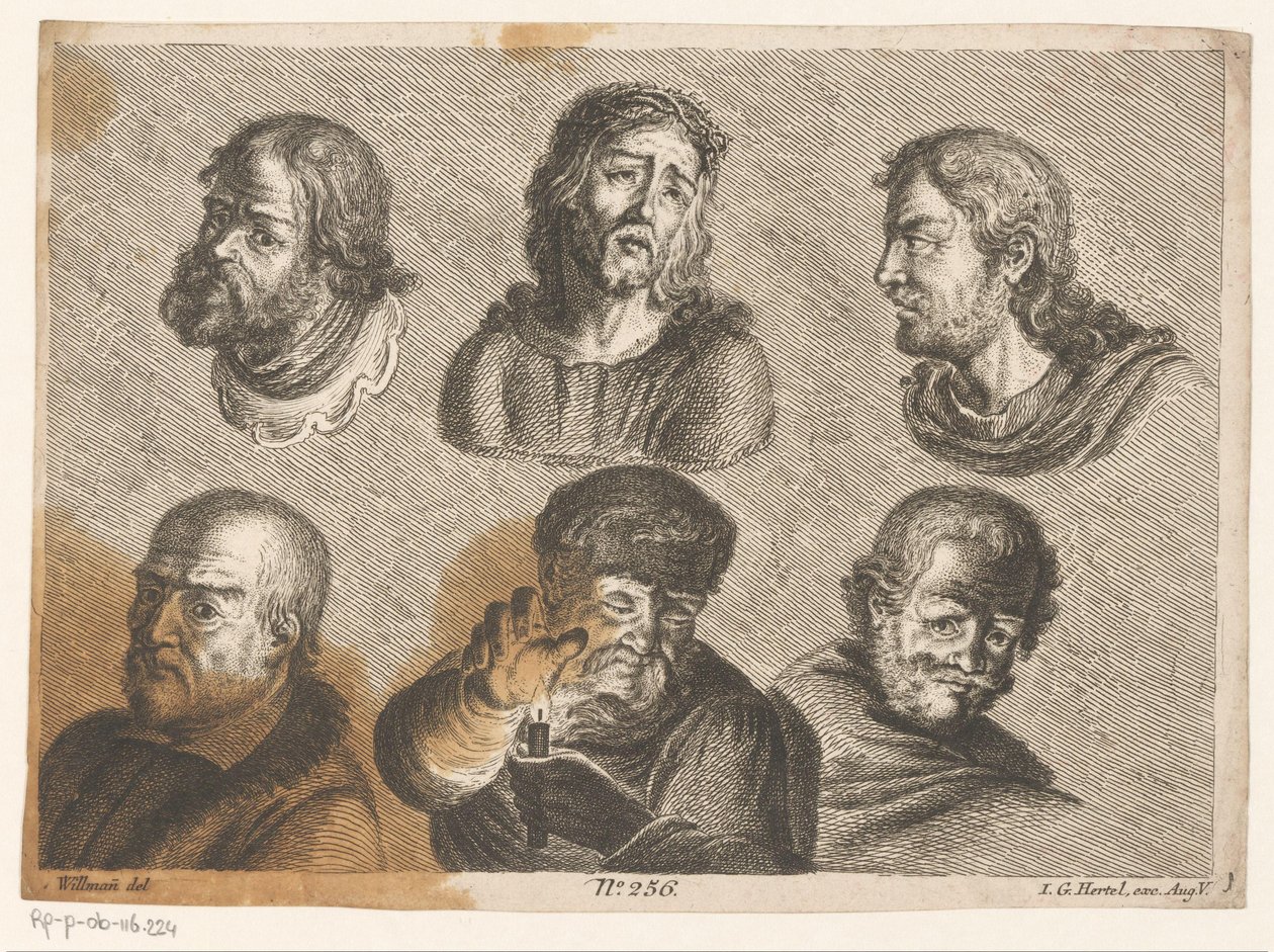 Sześć głów mężczyzn, w tym Chrystus i mężczyzna ze świecą autorstwa Johann Georg Hertel (I) (possibly)
