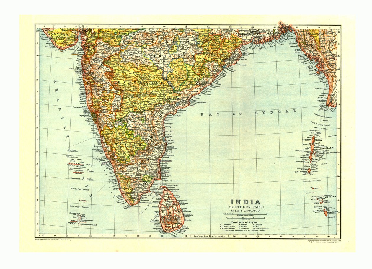 Mapa południowej części Indii, ok. 1910 r autorstwa Johann Georg Justus Perthes