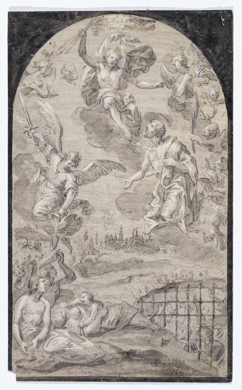 Święty wstawiający się za Chrystusem, aby nie ciskał piorunem w Augsburg, ok. 1501-1600 (czarna kreda, pióro i czarny tusz, szare i czarne pranie oraz biała akwarela na szarym papierze) autorstwa Johann Georg Melchior (1625 1705) Schmittner