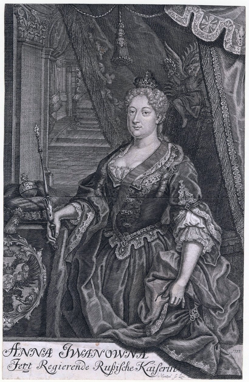 Anna Iwanowna była cesarzową Rosji od 30 stycznia 1730 r. do 29 października 1740 r. - Portret cesarzowej Anny Ioannovny (1693-1740) - Mentzel (Menzel), Johann Georg (1677-1743) - 1733 - miedzioryt - 32,3x20. 6 – Kolekcja prywatna autorstwa Johann Georg Menzel