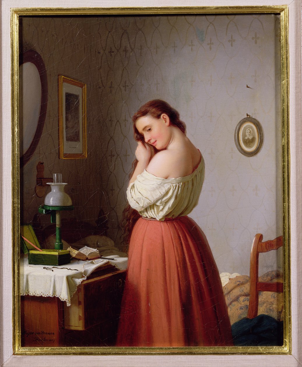 Młoda kobieta splatająca włosy autorstwa Johann Georg Meyer von Bremen