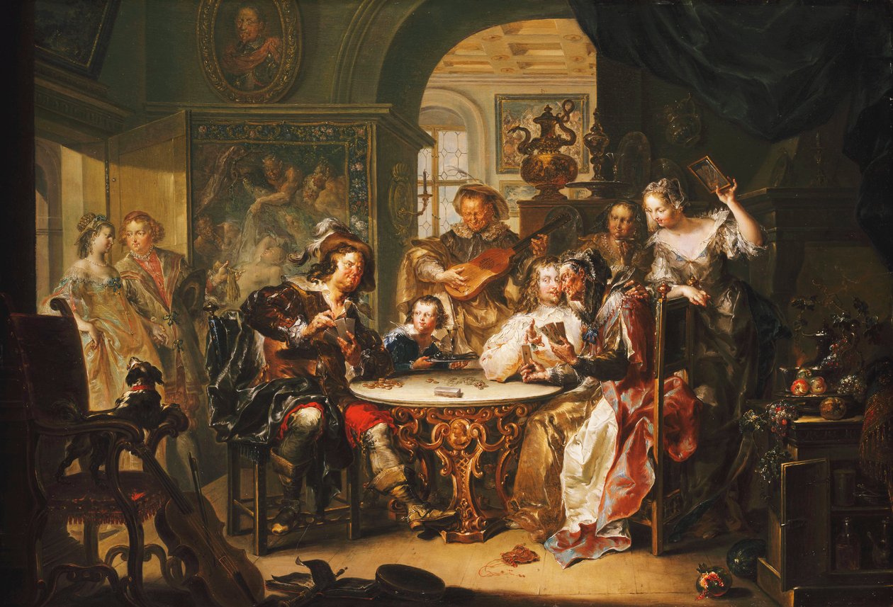 Dżentelmen oszukujący w Karty ze starszą Panią we wspaniałym wnętrzu, autorstwa Johann Georg Platzer