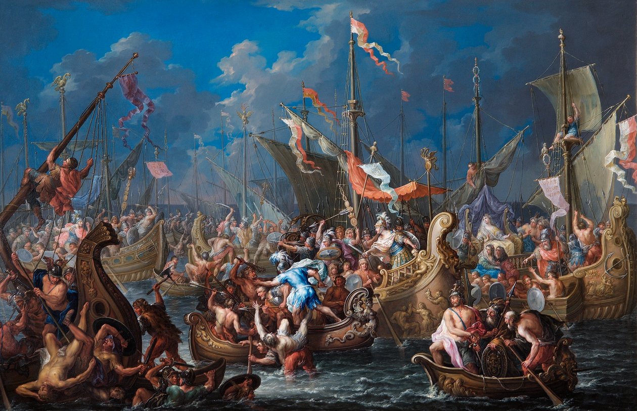 Antoni i Kleopatra w bitwie pod Akcjum (olej na miedzi) autorstwa Johann Georg Platzer