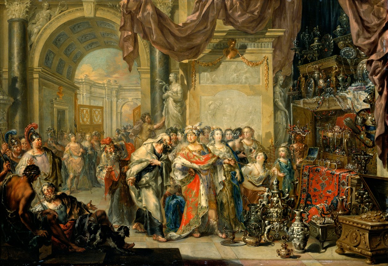 ""Cresus (596-546 avant JC) montre ses tresors a Solon (640-558 av. JC)"" - Krezus i Solon - Olej na miedzi Johanna Georga Platzera (1704-1761) - Państwowa Galeria Sztuki, Drezno autorstwa Johann Georg Platzer