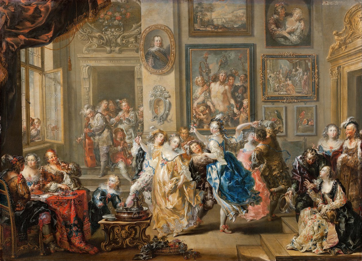 Scena tańca z wnętrzem pałacu, 1731-1734. autorstwa Johann Georg Platzer