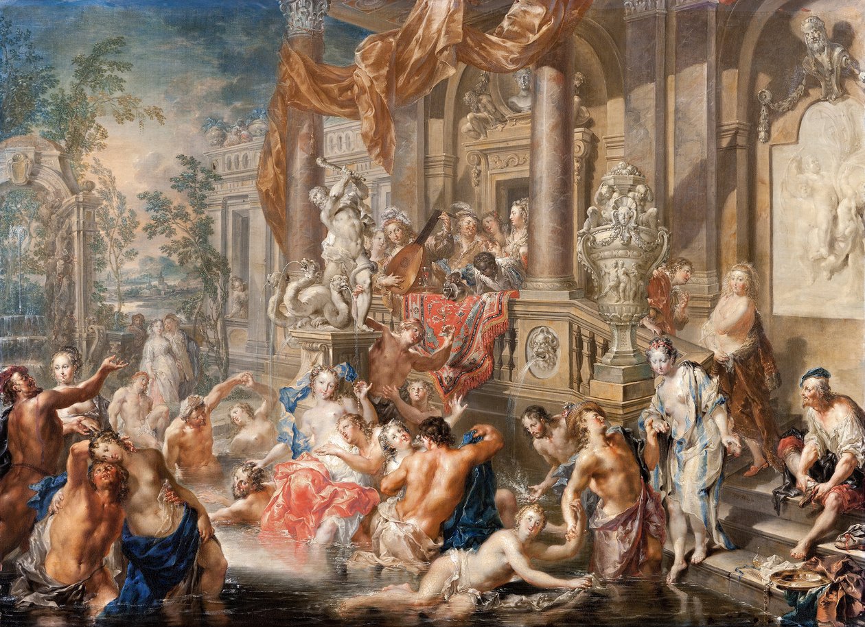 Scena z fontanną przed pałacem, ok. 1730 (olej na miedzi) autorstwa Johann Georg Platzer