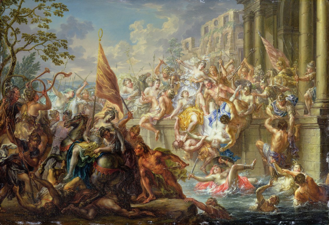 Bitwa Amazonek, ok. 1730 (olej na miedzi) autorstwa Johann Georg Platzer